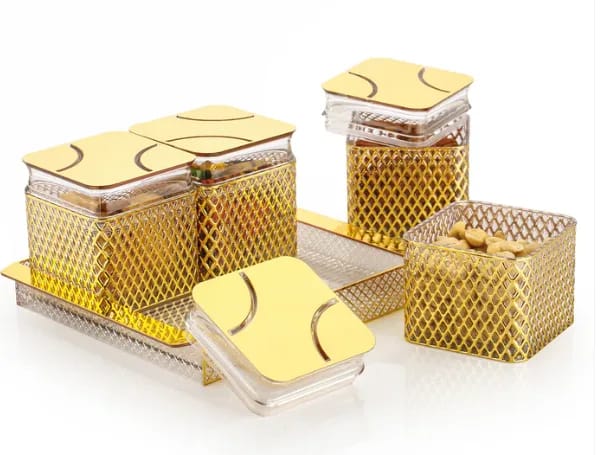 Fiesta Air-Tight Dry Fruit Container Tray Set With Lid & Serving Tray, Airtight Gift Set 500 Ml Plastic Jar With Tray, Set Of 4